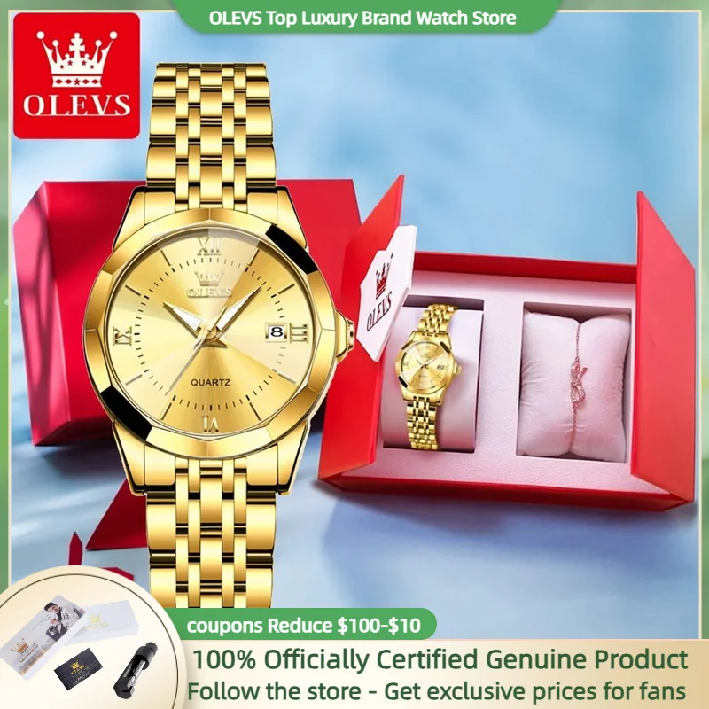 OLEVS Luxury Brand Women's Watches Prismatic Mirror Stainless steel Waterproof Dual Calendar Elegant Quartz Watch for Ladies Set