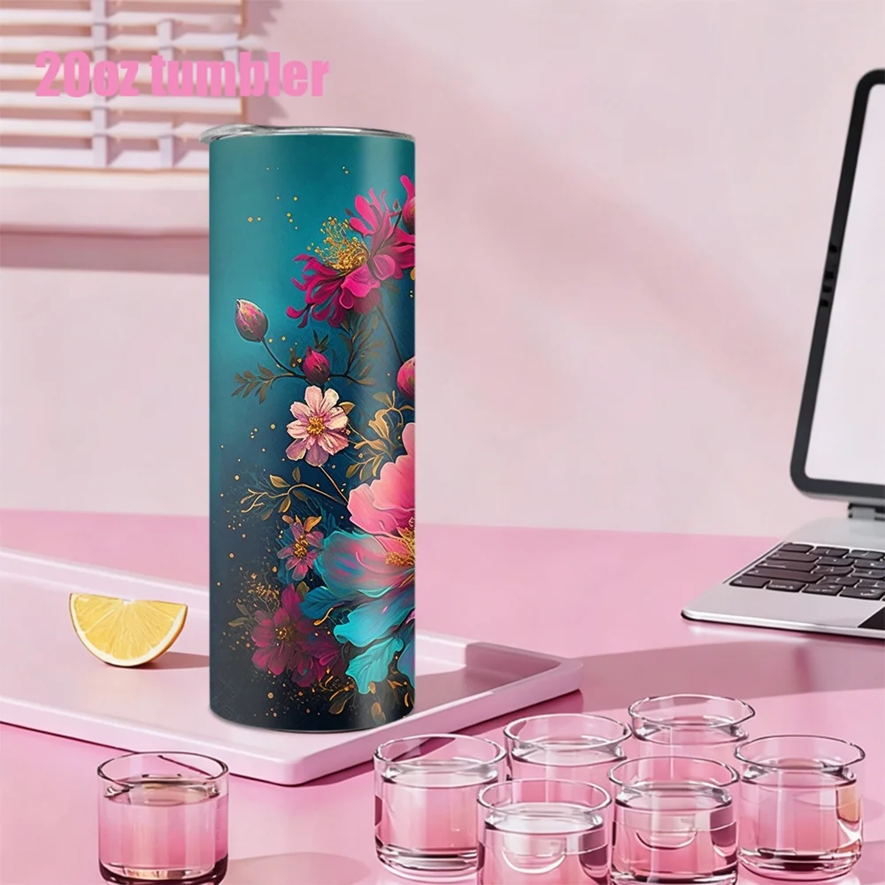 1pc 20oz straw water bottle, insulated stainless steel water cup with colorful floral art pattern. view 4