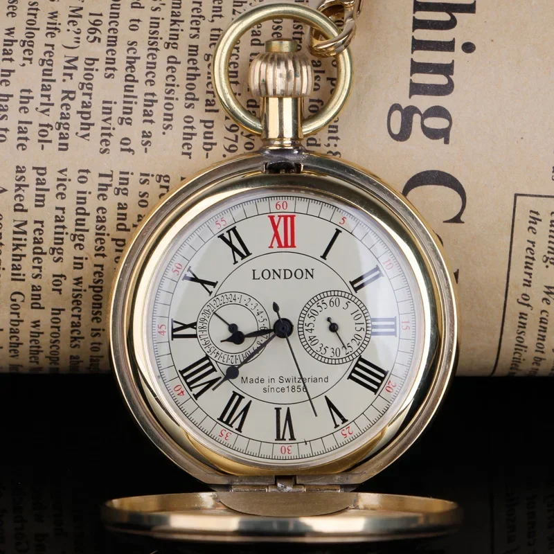 Reloj de bolsillo mecánico de cuerda a mano dorada de lujo de alta calidad reloj Fob con cadena colgante con esfera de Número romano