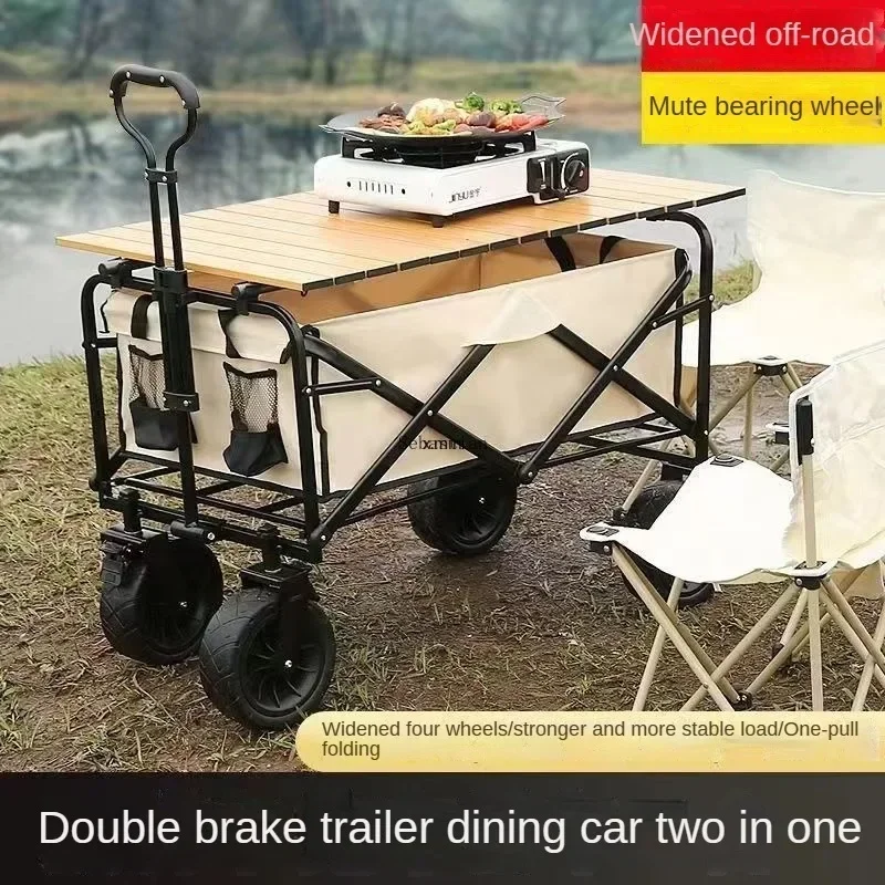 Outdoor Trolley with Lift Adjustable Rod & Table Board Camper Foldable Trailer Pull Rod Rear Wagon Cart for Picnic Trolley