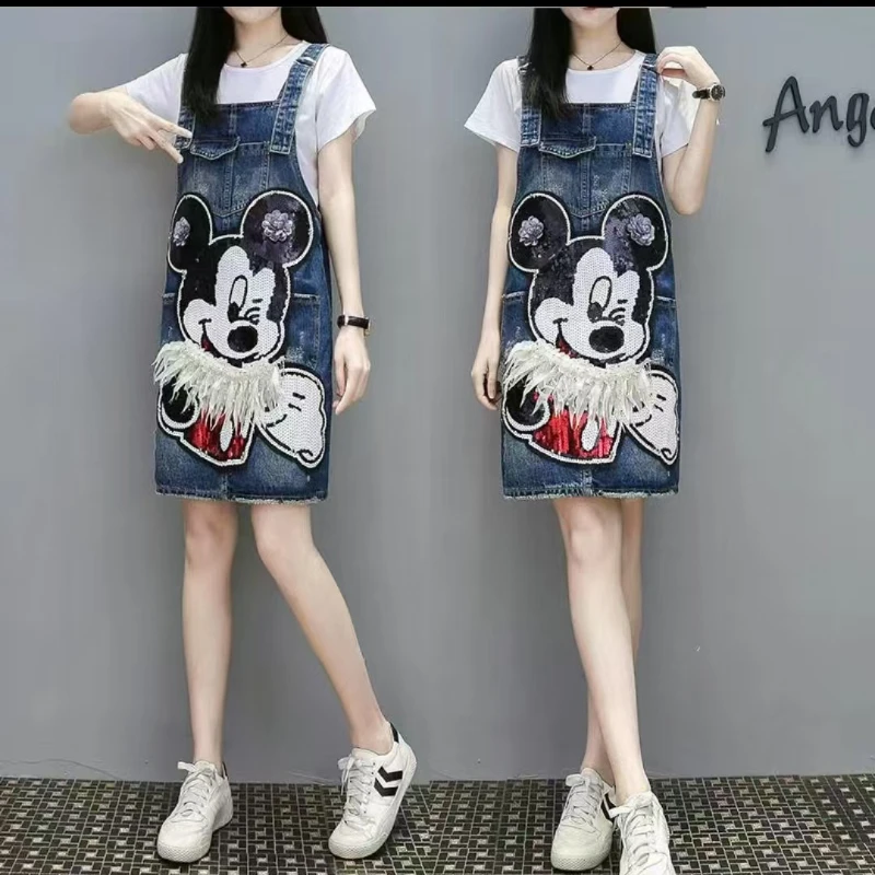 Neue Kawaii Disney-Serie Mickey Mädchen Sommer bequem und süß, lässige Mode vielseitiger Cartoon kreativer Denim-Trägerrock