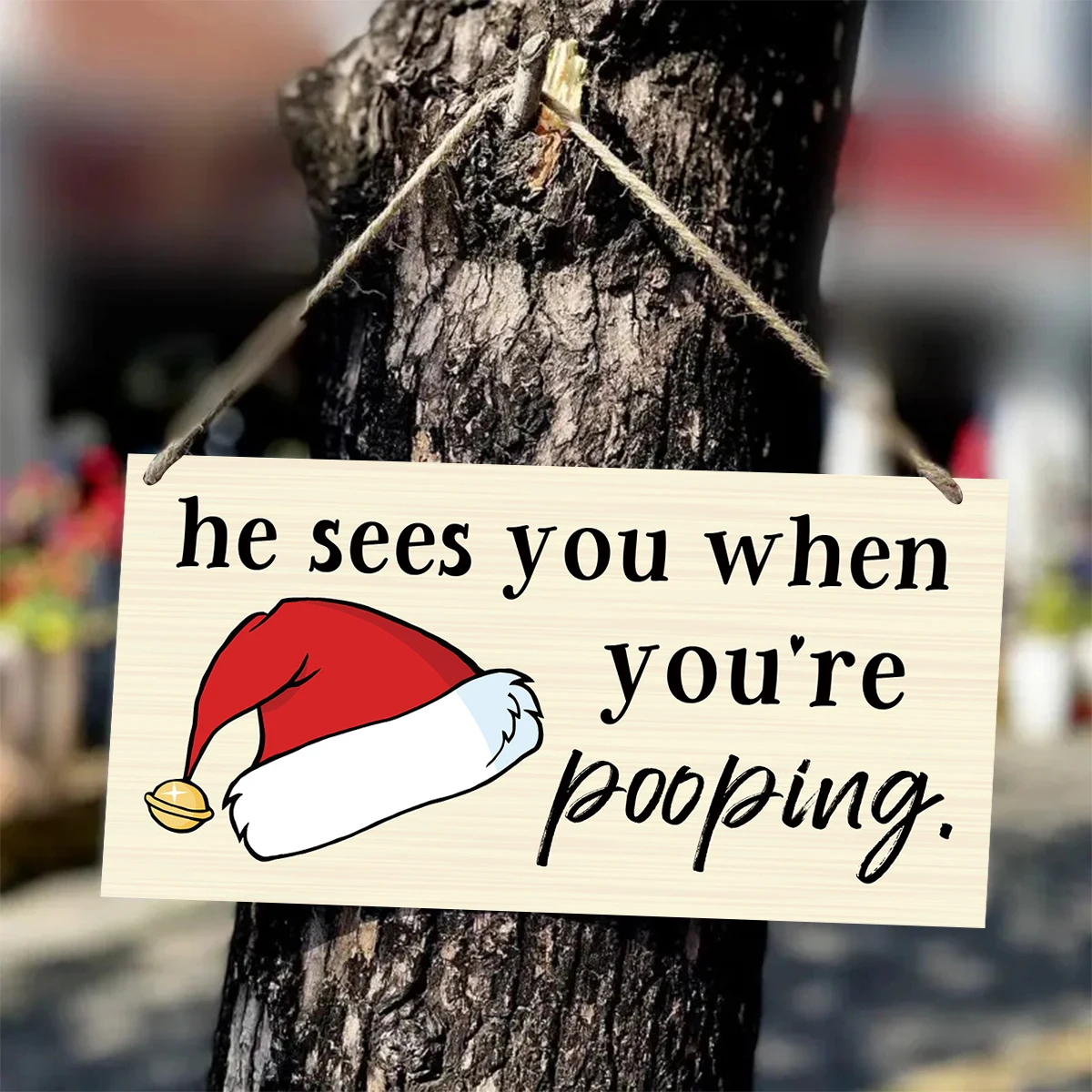 1pc Santa Hat Wooden Hanging Sign Wall Art Christmas Decorations,He See You When You Are Pooping Plaque Xmas Bathroom Room Decor