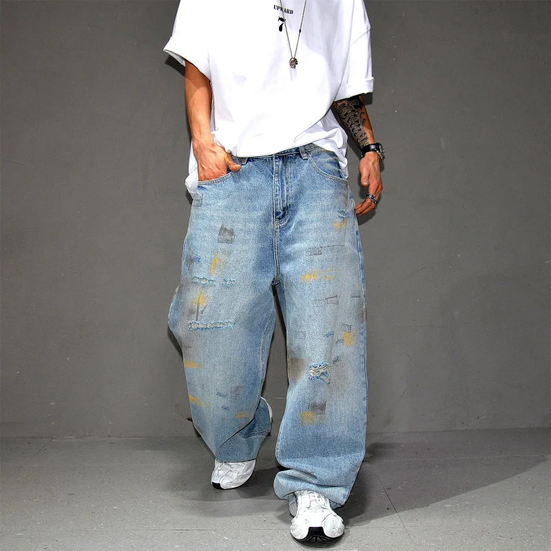 Men's Light Blue Vintage Washed Denim Pants, Torn Paint Pattern, Loose Straight Cut, Wide Legs, Versatile for Casual Daily Use
