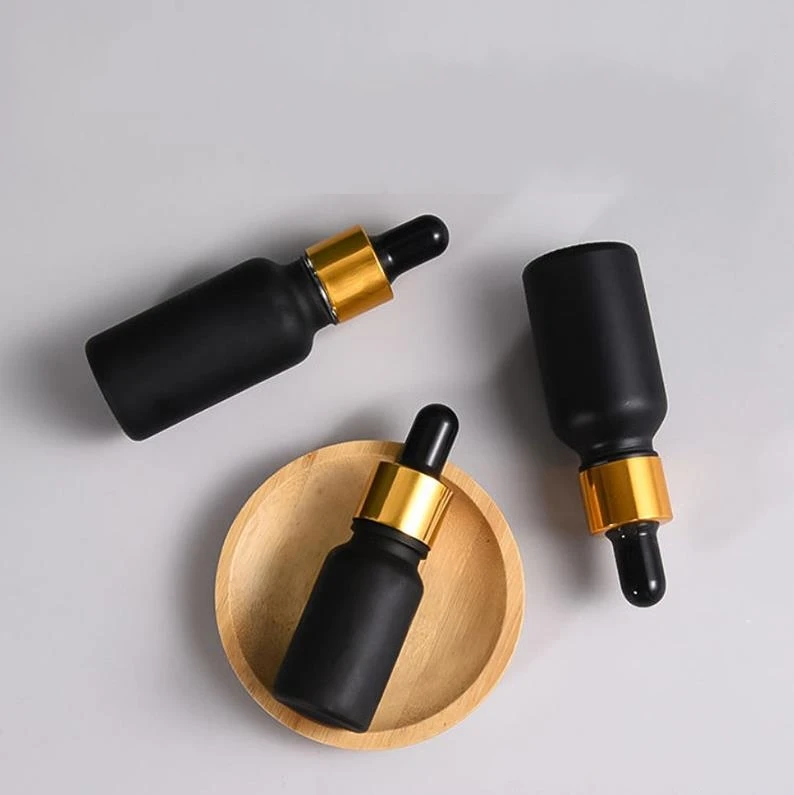 Matte Black Glass Essential Oil Bottles with Gold Dropper Cap 5ml 10ml 20ml 30ml 50ml 100ml Skin Care Serum Dropper Bottle ni19