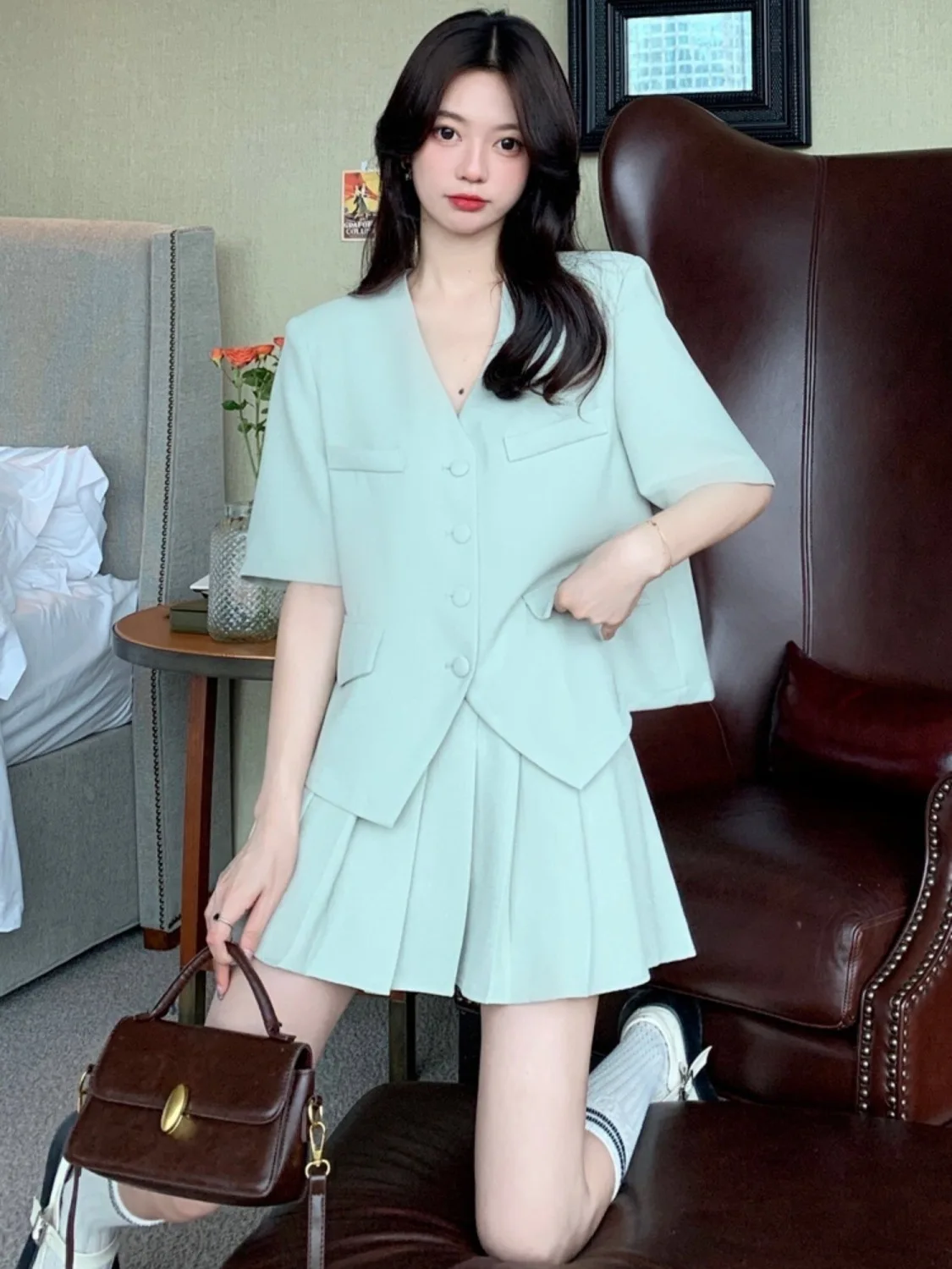 Single/Set Fashion Short Sleeve Suit Set Women\'s Summer Korean Edition Reduced Age Small Figure Pleated Skirt Two Piece Set