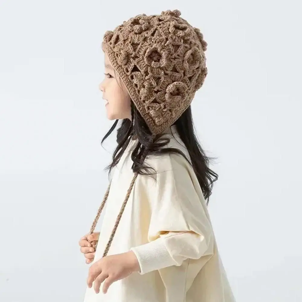 Gorro de punto hecho a mano para niños y niñas, gorro de ganchillo con flores huecas, estilo bohemio, informal, princesa