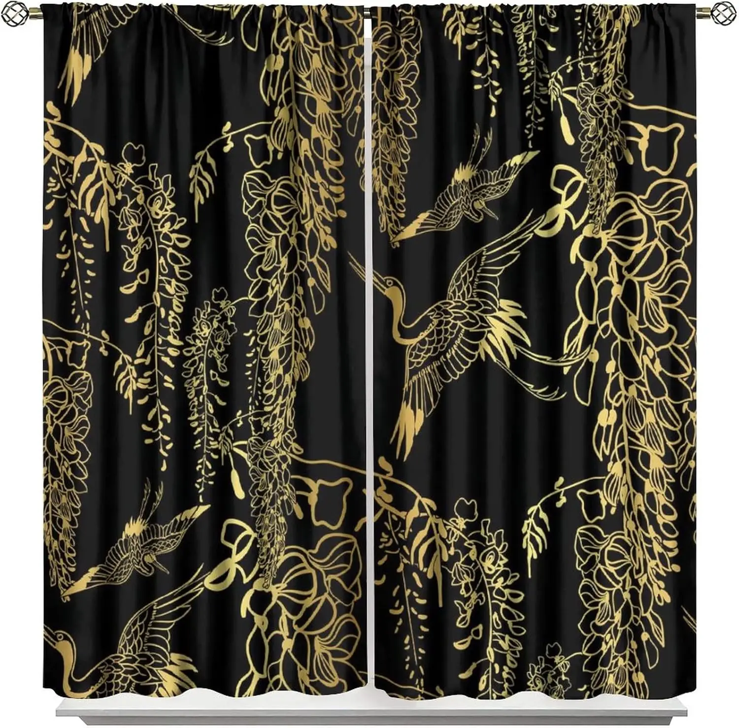 Gold Black Japanese Style Curtains,Cranes Birls Wisteria Traditional Chinese Theme Home Fabric Living Room Bedroom Decor