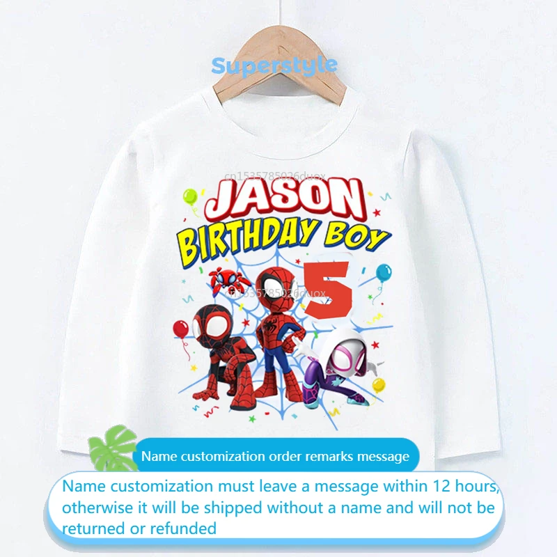 

Boy 2 3 4 5 6 7 8 9 Spiderman Customized Name Birthday Long Sleeve T-shirt MARVEL Spiderman Birthday Fashion Bottoming Kid Shirt