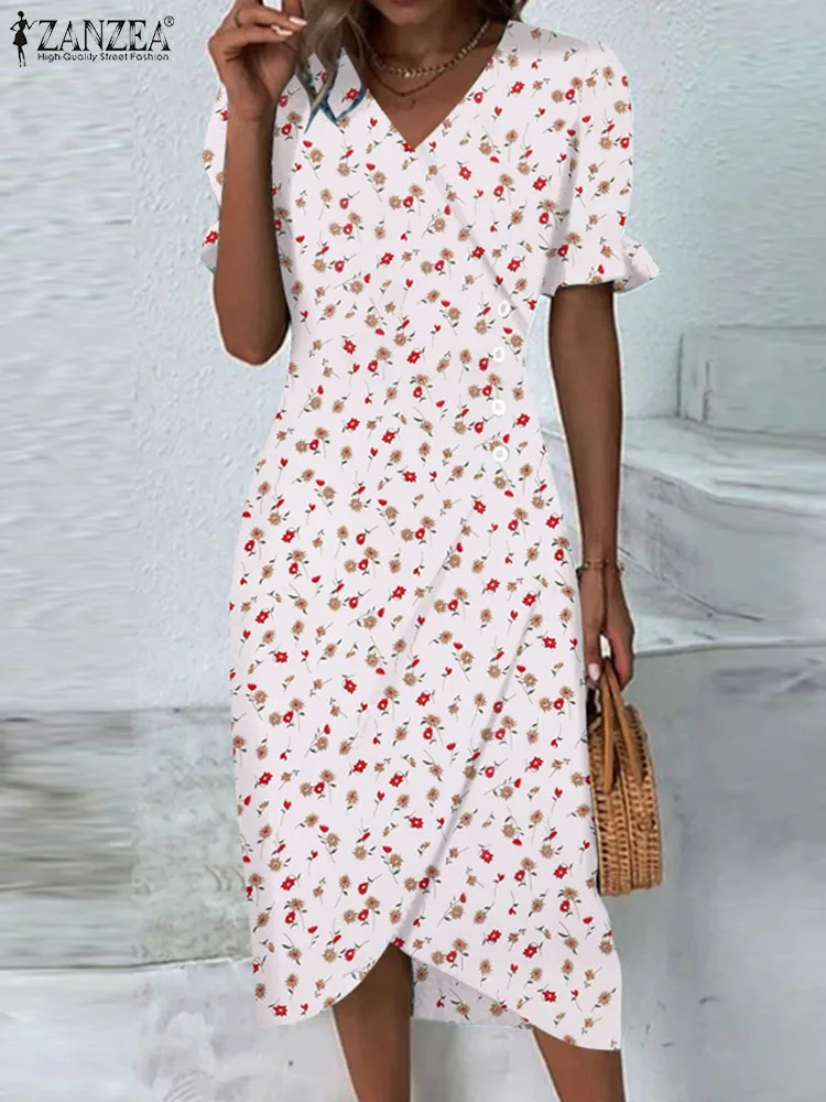 ZANZEA Floral Print 2024 Fashion Knee-length Vestidos Summer Flare Sleeve Wrap V Neck Women Sundress Slim Holiday Elegant Dress