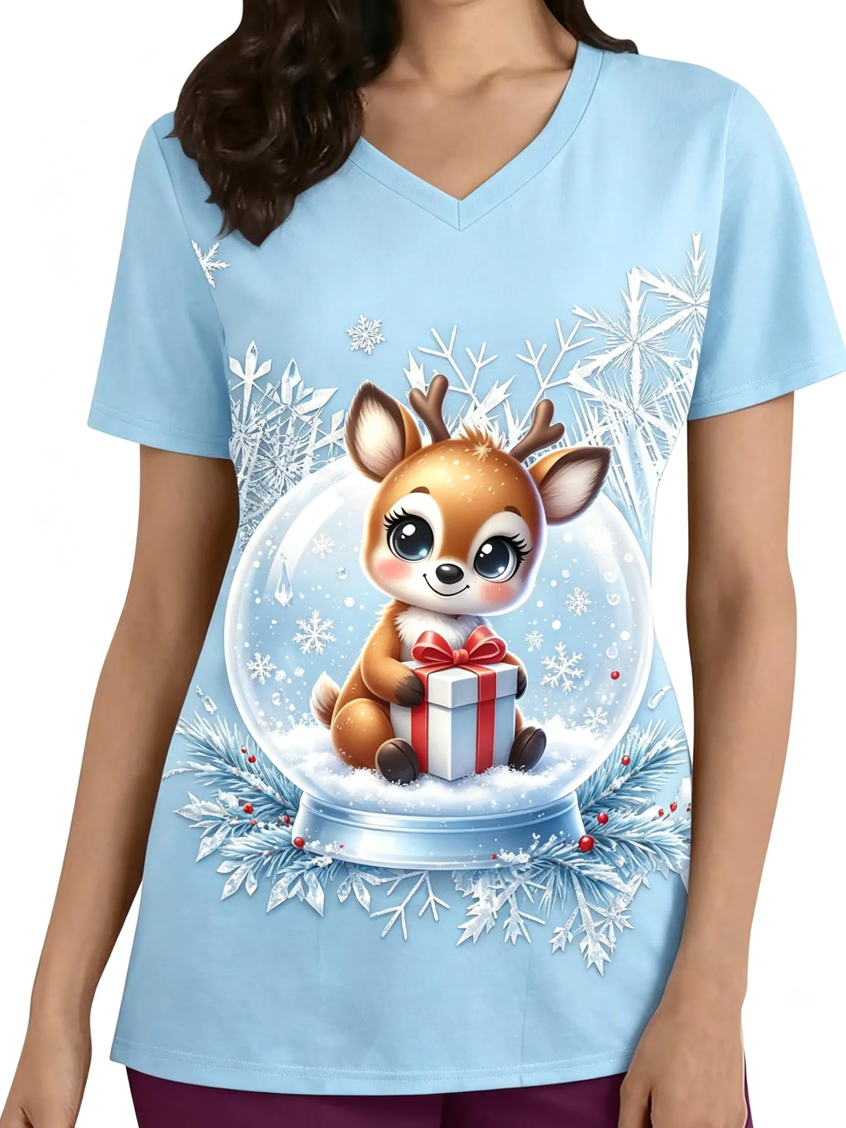 Women Christmas Snow Globe Print T Shirt V Neck Short Sleeve Casual Tops Cute Deer Snowman Snowflake Winter Holiday Pattern Tees