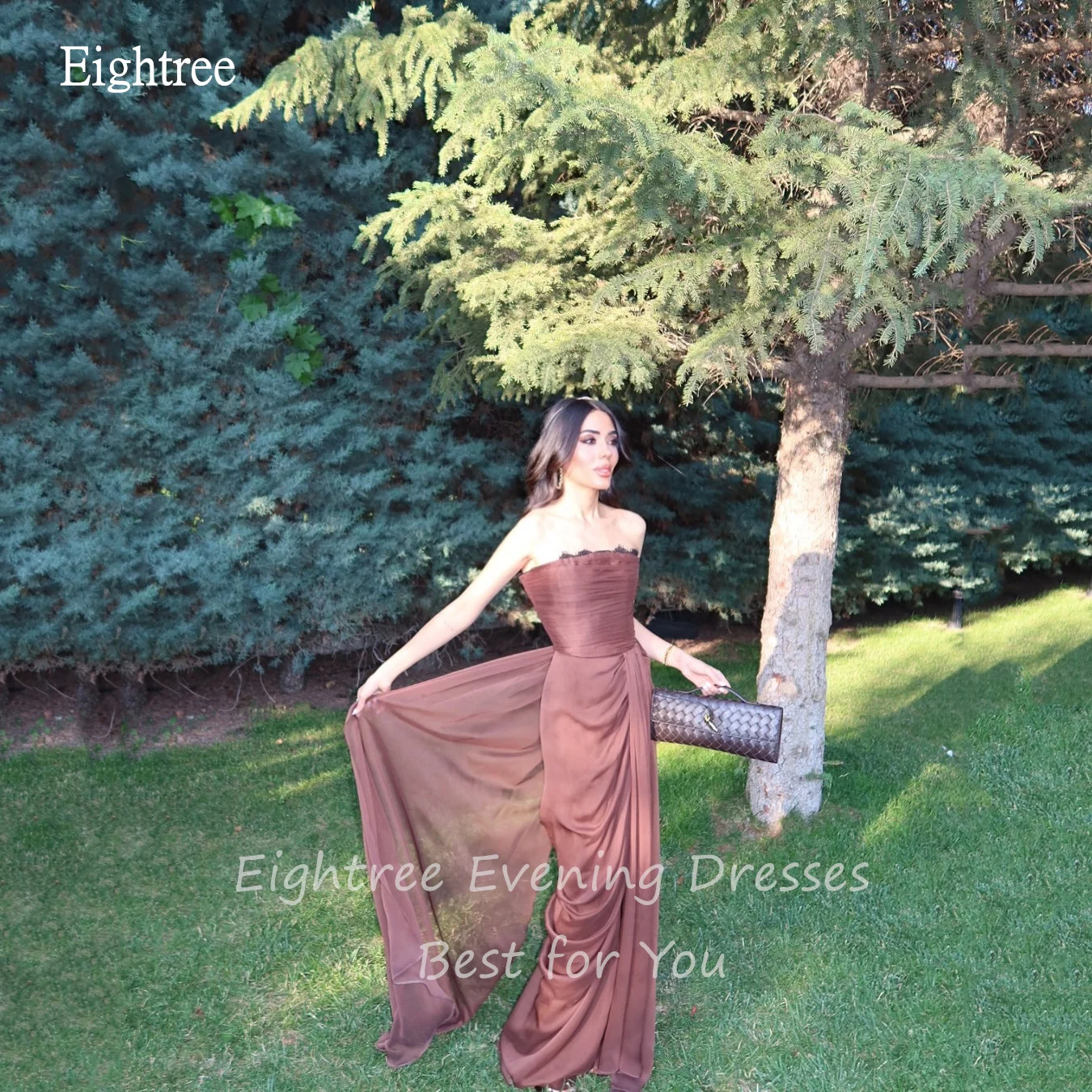 Eightree เซ็กซี่สีน้ําตาล Mermaid PROM Gowns ลูกไม้ Strapless จีบชุดราตรียาวชุดราตรีที่กําหนดเอง