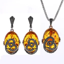 Ajojewel Big Egg Resin Stone Necklace And Earrings Set Jewelry With Black Rhinestone Heart Vintage Collectibles Items Women Gift