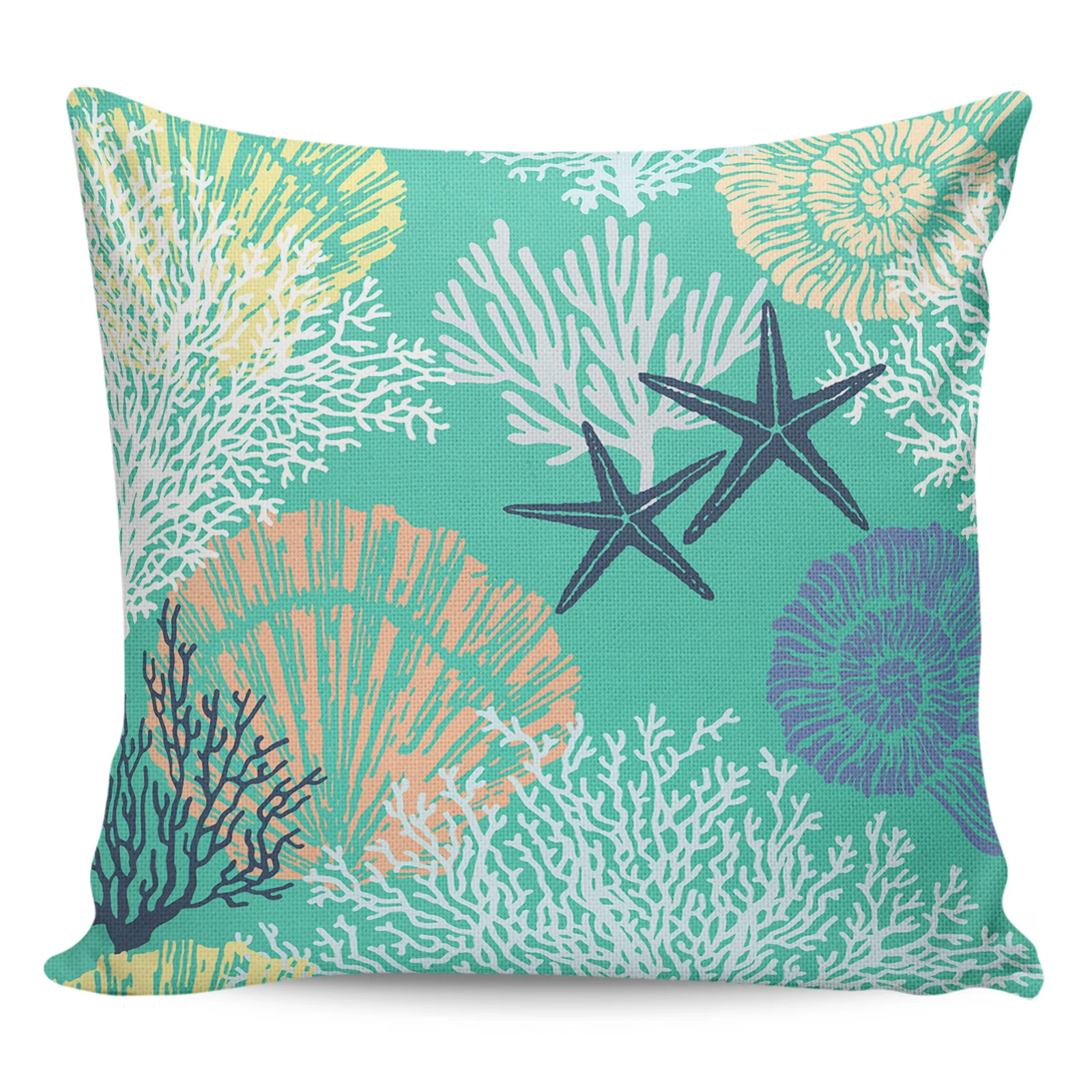 2/4PCS Waterproof Pillow Cover Aqua Green Marine Coral Shell Starfish Square Throw Pillowcase Home Decoration Sofa Cushion Cover