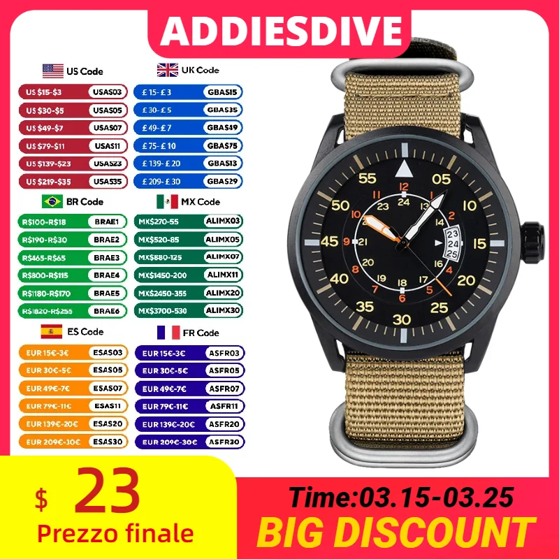 

ADDIESDIVE Simple Men's Waterproof Watch Relogio Masculino Alloy Case Hardlex Dial Quartz WristWatch Sports Military Nylon Strap
