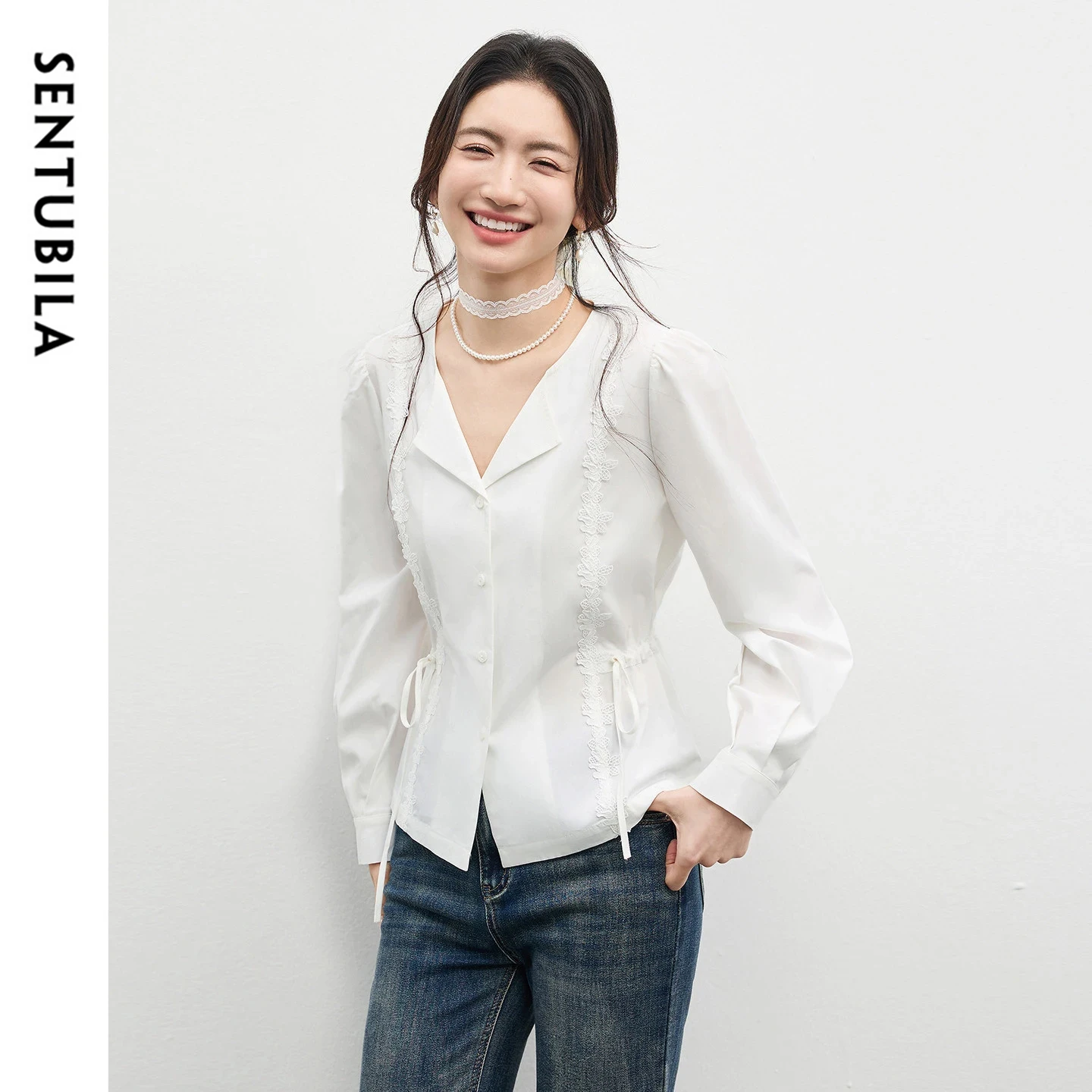SENTUBILA Women's White Shirt 2026 Elegant V Neck Drawstring Splicing Flower Vine Lace Blouse Spring Commute Lady Tops 161CA5681