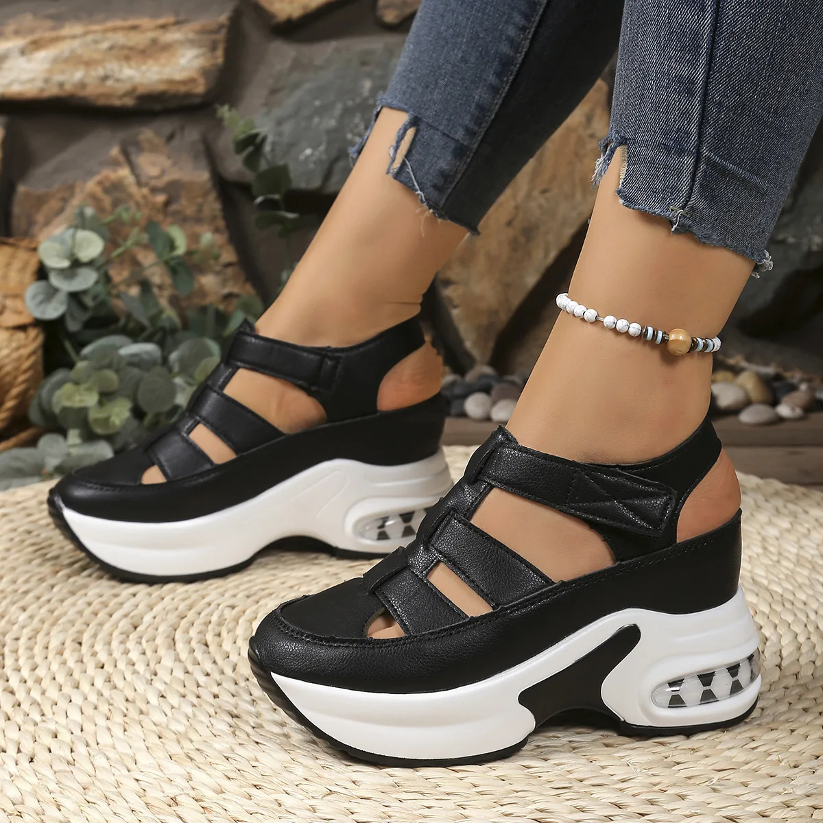 

Women's Thick Soled Wedge Sandals, Fashionable Air Cushioned Shoes, Comfortable Thick Soled Summer Shoes, Lace Up Casual Shoes