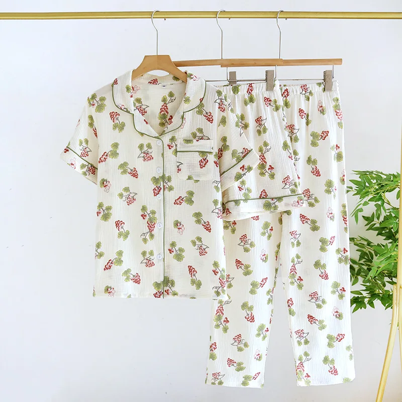 Conjunto de pijama fino de tres piezas para mujer, Set de ropa de dormir de 2024 crepé de algodón con manga corta, pantalones cortos y muebles para