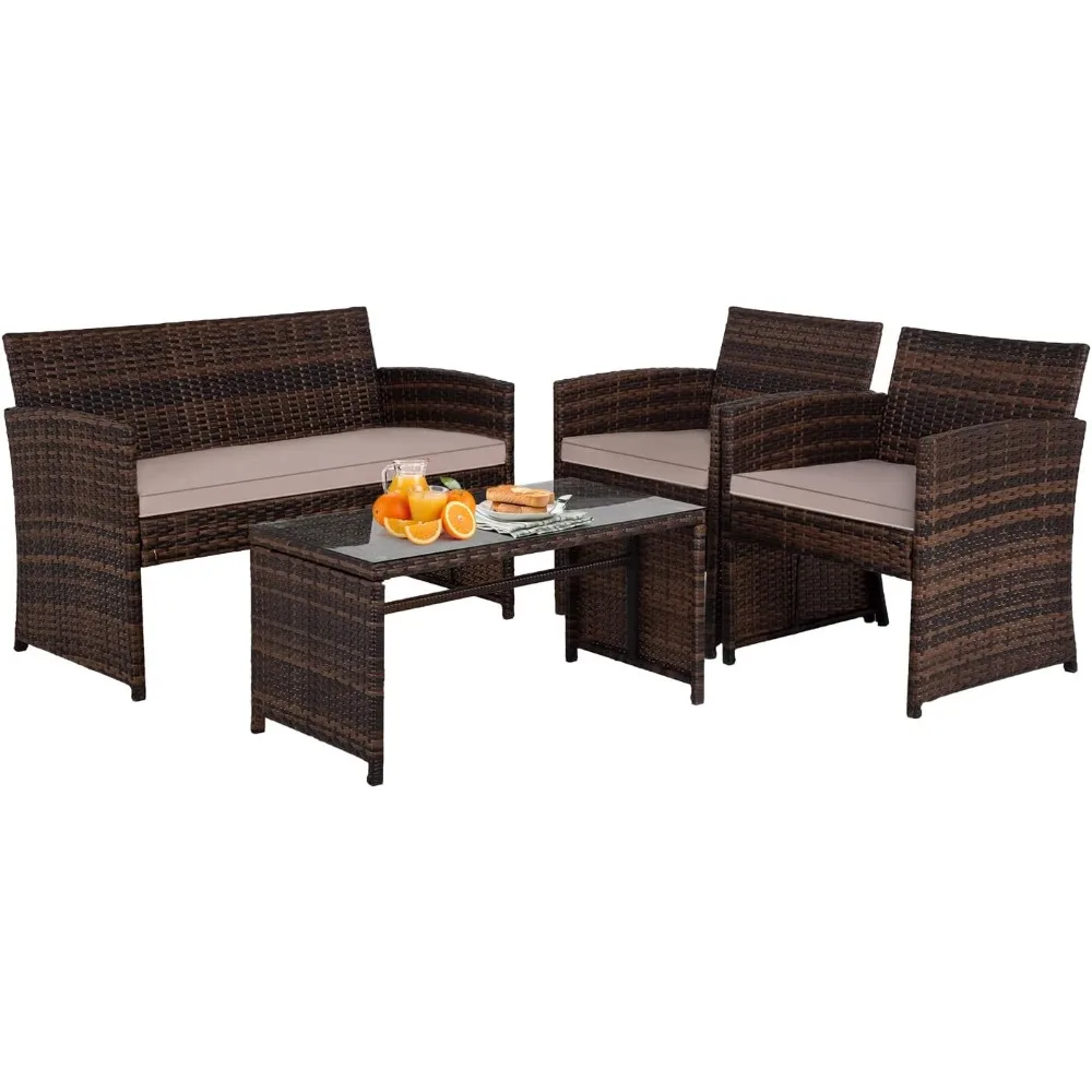 

Wicker Conversation Set Rattan with Cushion Glass Table for Outdoor Indoor Use Poolside Lawn Porch Balcony, Outdoor Chairs