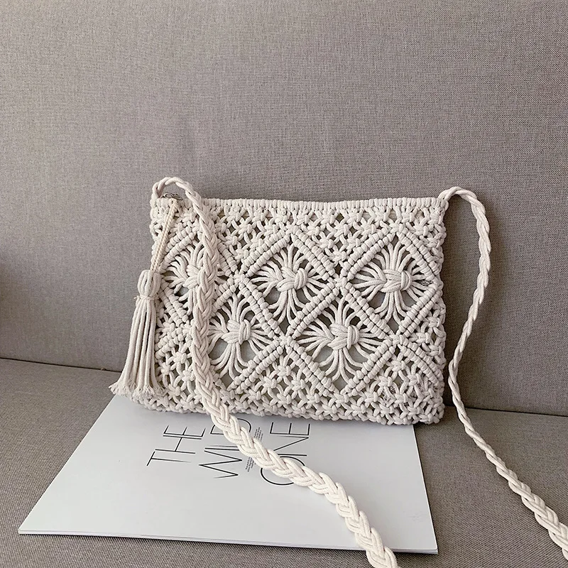 Stro Vrouwen Handtassen Eenvoudige Handgemaakte Touw Vintage Kwastjes Gehaakte Macrame Strandtassen Clutch Portemonnees En Handtassen Dames