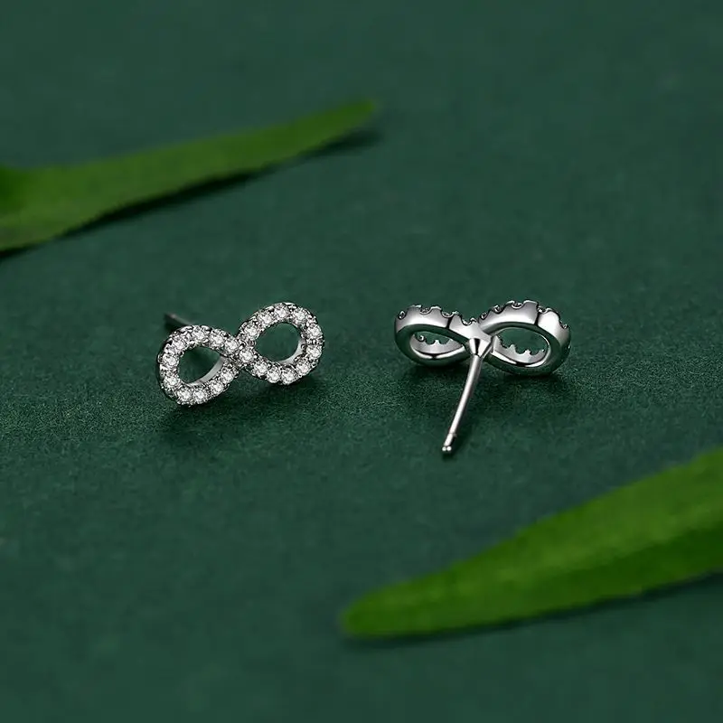 RY 925 Sterling Silver Infinity symbol Stud Earrings For Fashion Woman Cute Fine Shiny Zircon Earrings Accessories Birthday Gift