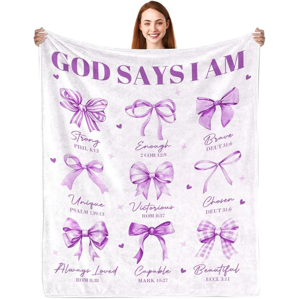 God Says I Am Blanket - Inspirational Religious Catholic Spiritual Gifts & Baptism Gifts for Girl Purple Bow Bible Verse Blanket