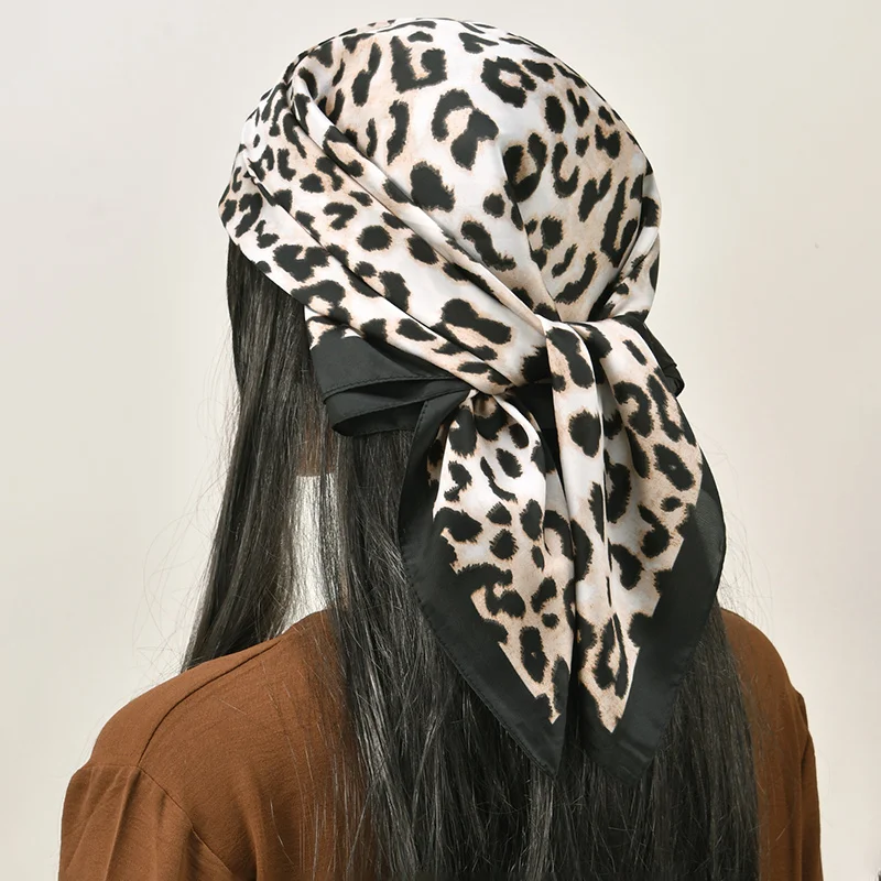 

68*68cm Leopard Print Silk Scarf for Women Imitation Silk Light Luxury Versatile Headwear Bag Decoration Clothing Square Scarf