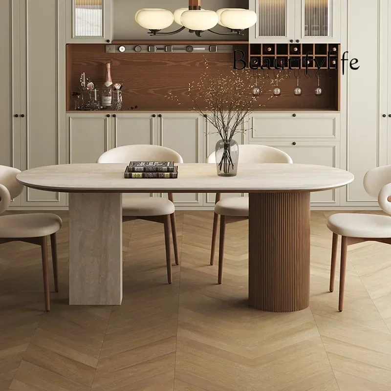 SsL-J 0 C 2025 New French Retro Solid Wood Dining Table Travertine Rock Slab Small Apartment Creative Oval Island Dining Table