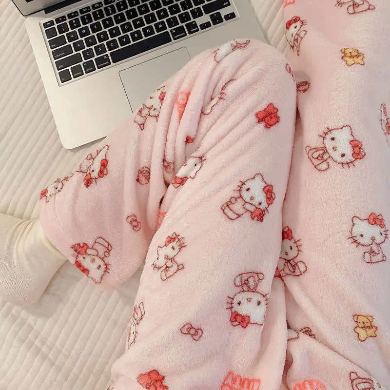 New Hello Kitty Plush Soft Women\'s Sleepy Pants Homewear Casual Walking Pants, Oversize Cute Cartoon Flannel Sleep Bottoms