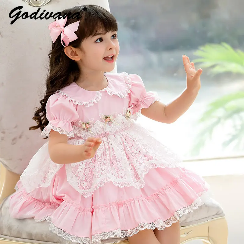 Spanish Baby Girls 2026 New Summer Princess Dress Toddler Girls Fashion Doll Collar Puff Sleeve Lace Trim Floral Tutu Dresses