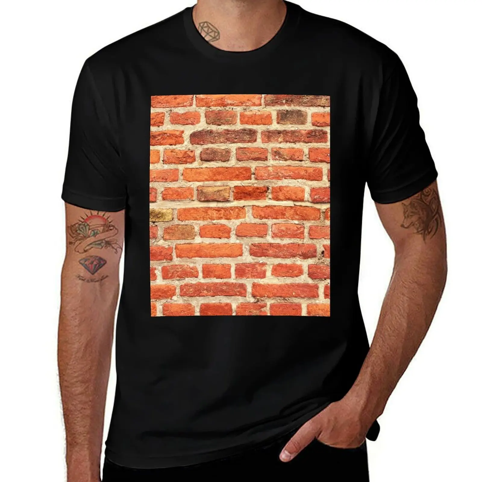 Red vinatge Brick wall pattern photography - Brick print T-Shirt Casual Basic Short Sleeve T-Shirt