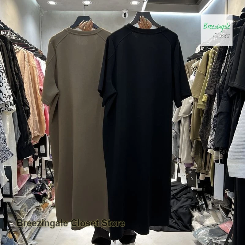 韓国風ファッション無地ダブルジッパーラウンドネック半袖Tシャツロングスカート女性夏新作ゆったりカジュアルワンピース