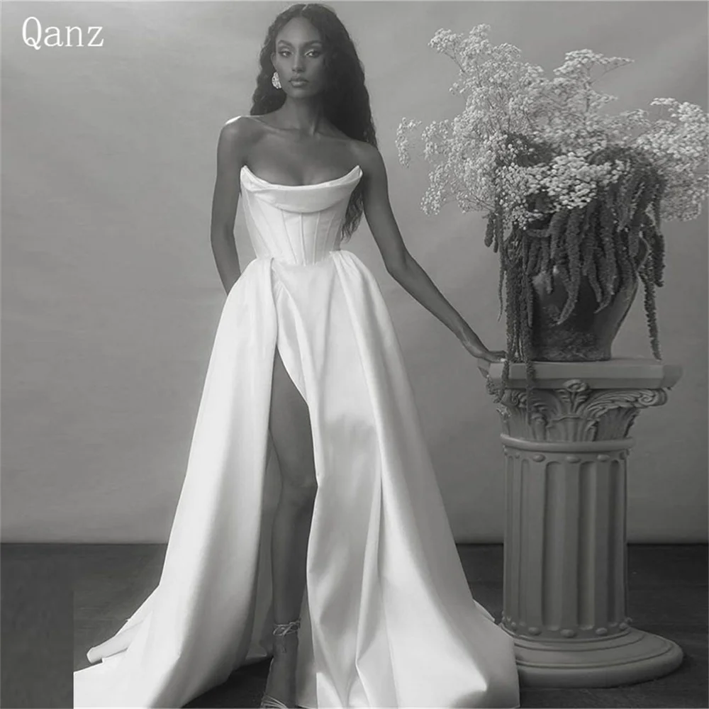 Qanz Classical Wedding Dresses for Woman White Satin High Slit Floor Length Vestidos De Novia Long Dress Women Elegant Party