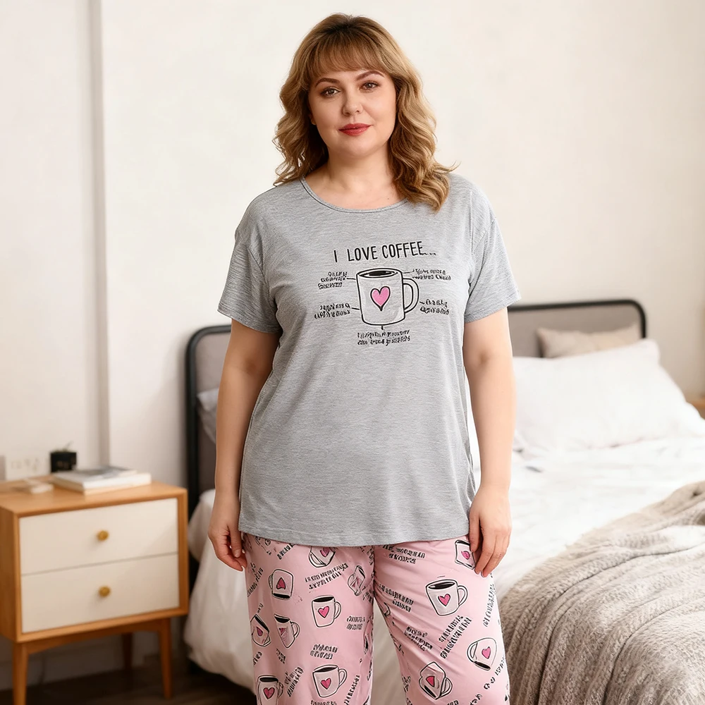 

Женский пижамный комплект больших размеров — мягкий хлопок, состоящий из двух частей с короткими рукавами, удобная домашняя одежда с героями мультфильмов