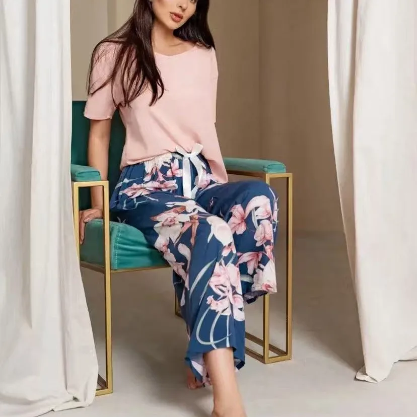 

Комплект женской пижамы больших размеров S-6XL: вискозная домашняя одежда, широкие брюки, двухсекционный комплект для сна