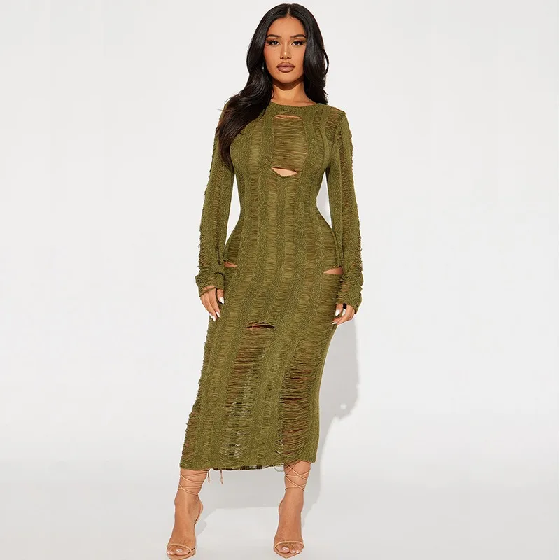 

Knitted Hole Bodycon Long Dress Women Autumn Winter O-neck Full Sleeve High Waist Casual Slim Elegant Dresses Party Streetwear