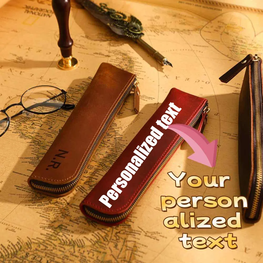 

Vintage Custom Genuine Leather Zipper Pen Case Free Custom Text and Logo Office and School Supply Bag Creative Custom Gift