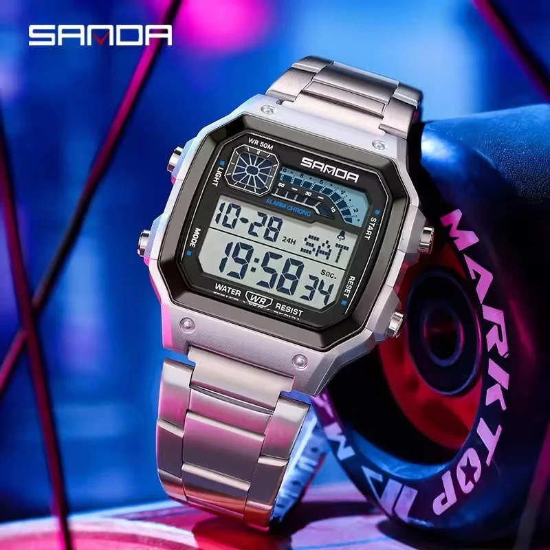 SANDA 6196 موضة ساعة إلكترونية للرجال متعددة الوظائف LED الهاتفي التقويم مقاوم للماء الرياضة ساعة رقمية للرجال reloj hombre
