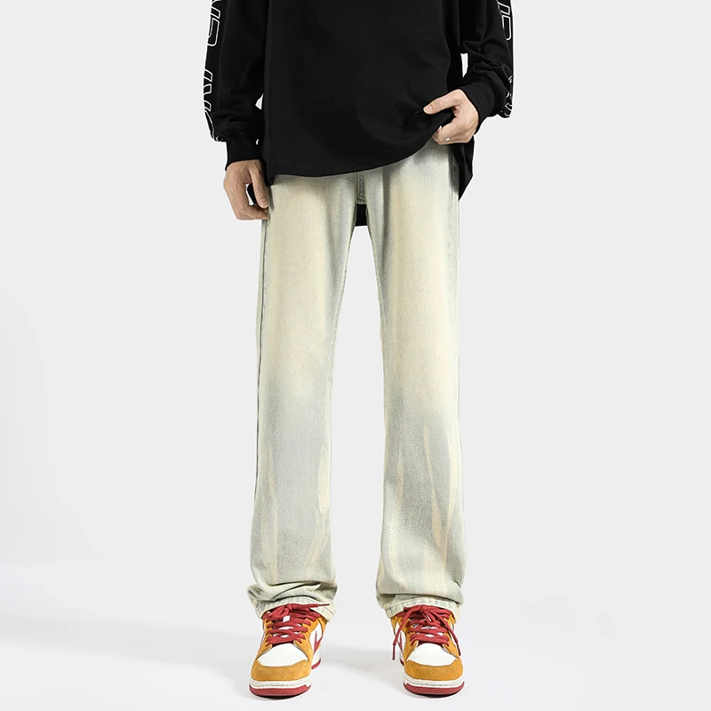 

Heavy Du Men's Jeans Slim Straight Leg Stone Waed Spring Autumn Faionable High Street Blue Denim Trousers Youth Wear