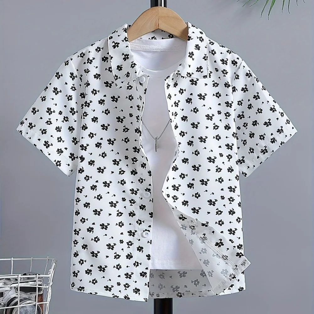 Camisa para niños, camisas de verano con estampado 3D de rayas blancas y negras, Tops informales con solapa a la moda, ropa cómoda de calle para niños
