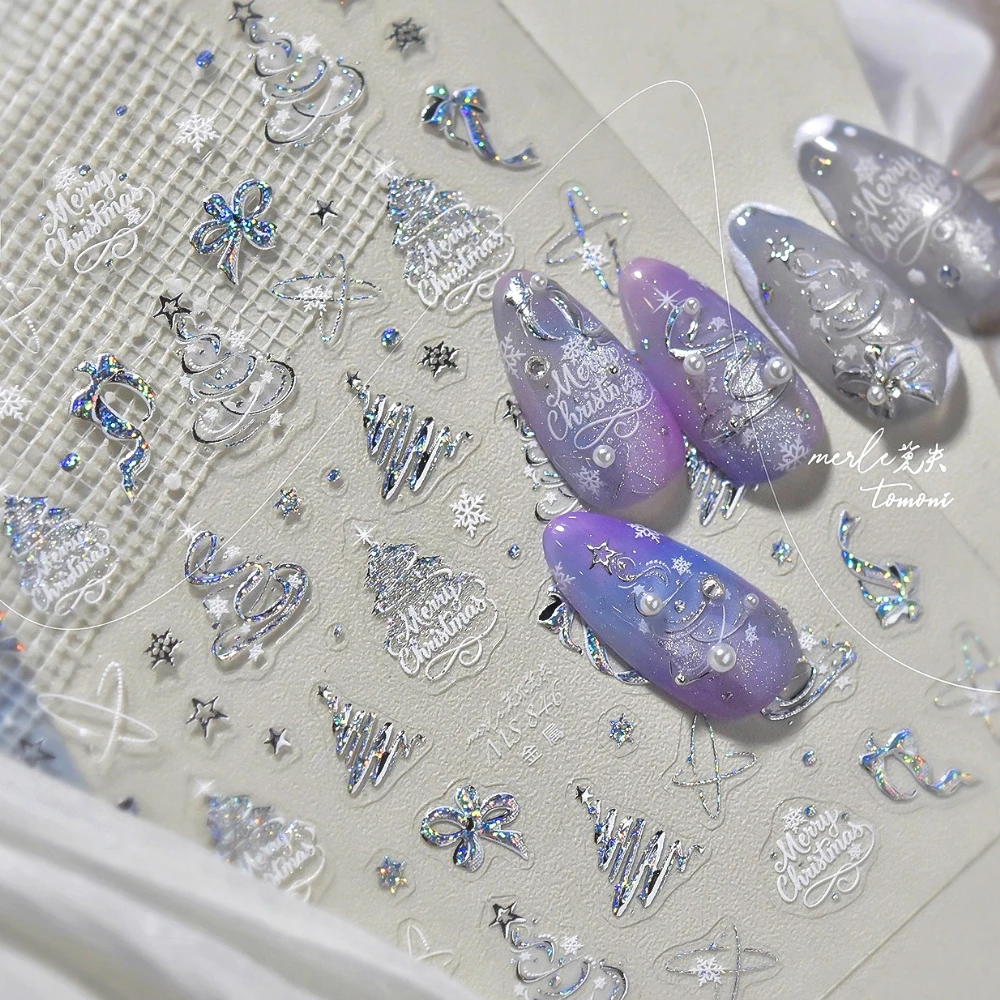 Sprankelend goud zilver lint ontwerp kerstboom sterren 3D zelfklevende nail art stickers xmas winter mooie manicure stickers