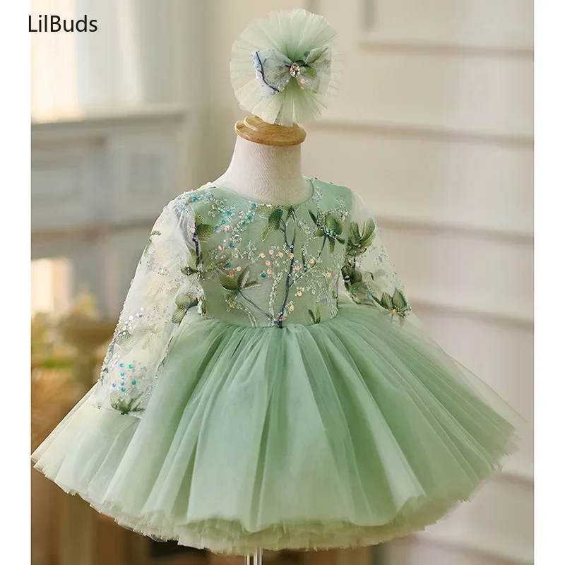 2024 Little Girls One-Year-Old Mori-Green Clothing Baby Children Princess Elegant Dress Clothes Birthday Party Banquet Costume