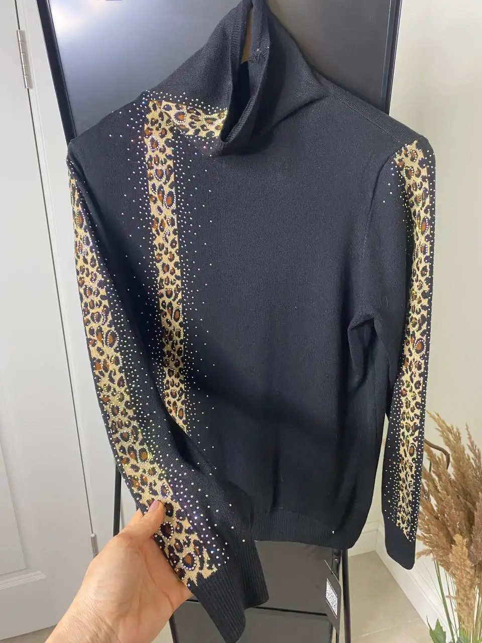 Rhinestones Leopard Turtleneck Sweaters Autumn Winter Wool Blend Bottoming Tops Long Sleeve Slim Female\'s Clothing B-011