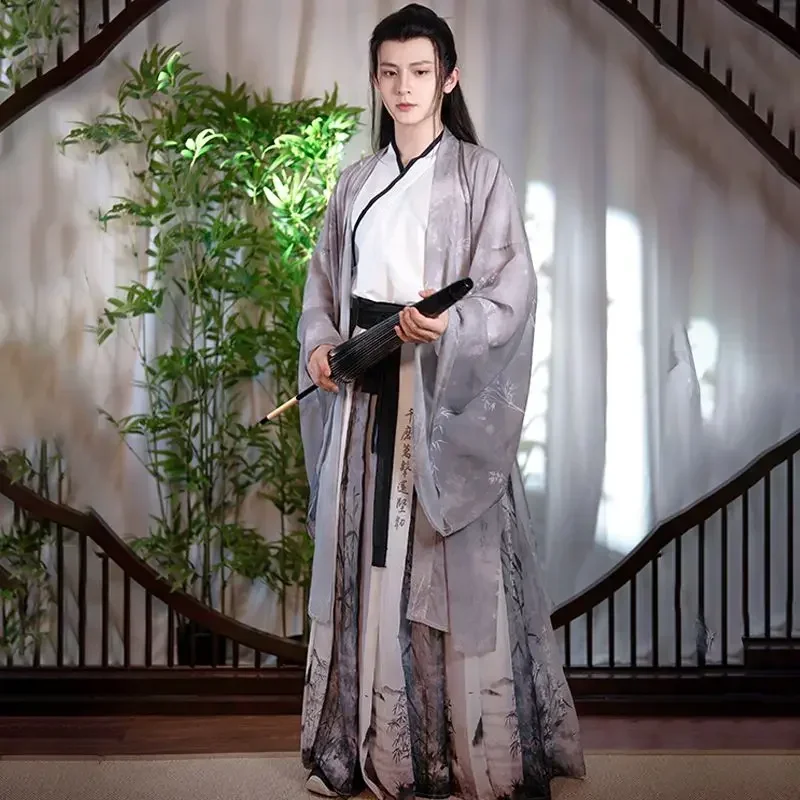 Vestido Hanfu de manga grande con cuello cruzado tradicional chino para hombres, Túnica con estampado de pintura de tinta, falda, disfraces de Cosplay de moda