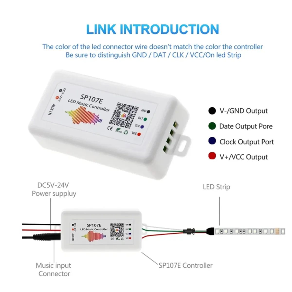 Controlador de música LED ABZV-SP107E DC5-24V con Control de música a todo Color SPI Compatible con Bluetooth inalámbrico por aplicación de teléfono