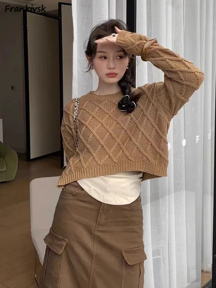 

Autumn Sweaters Women Long Sleeve Knitted Maillard Popular Schoolgirls Daily Cropped Loose European Style Waffle Pullovers New