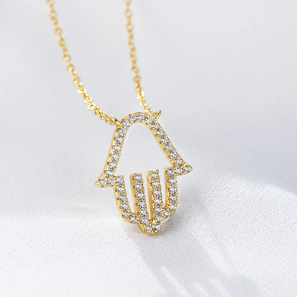 Fine Jewelry Hamsa Hand 925 silver Necklace Gold Plated Hollow Cubic Zirconia Pendant gold plated necklace