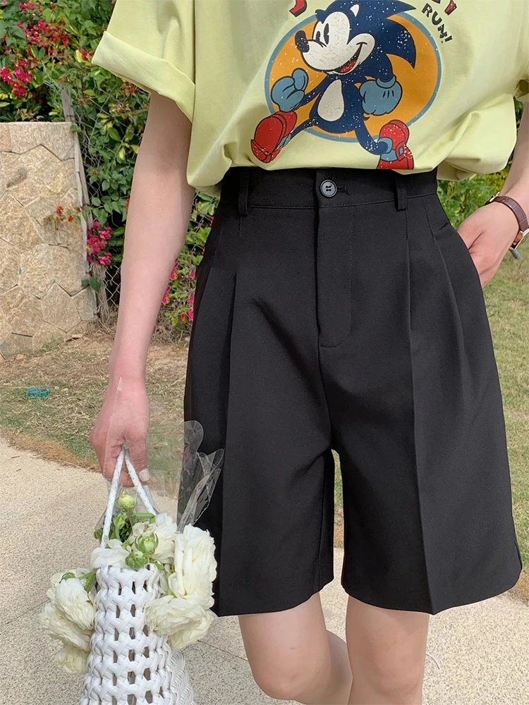 الأساسية مطوي واسعة الساق سراويل تقليدية المرأة الصيف جديد Sle مباراة بسيطة مستقيم خمسة أرباع orts القطن عالية الخصر #3