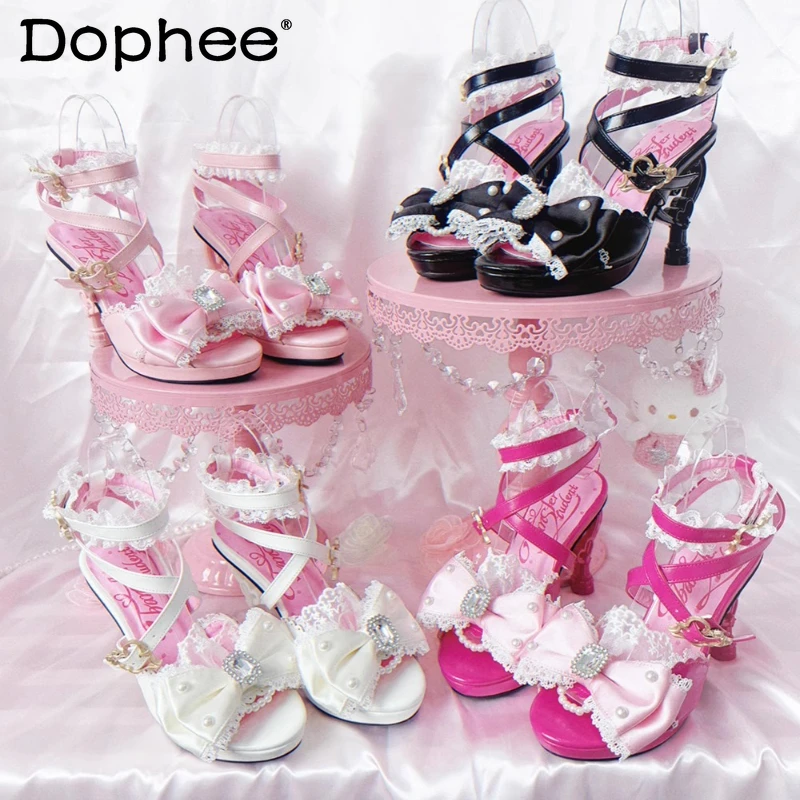 

Lady Lolita Fish Mouth Sandals Summer Women's Bow Lace Heart Hollow High Heel Pumps Female Sweet Elegant Wedding High Heels