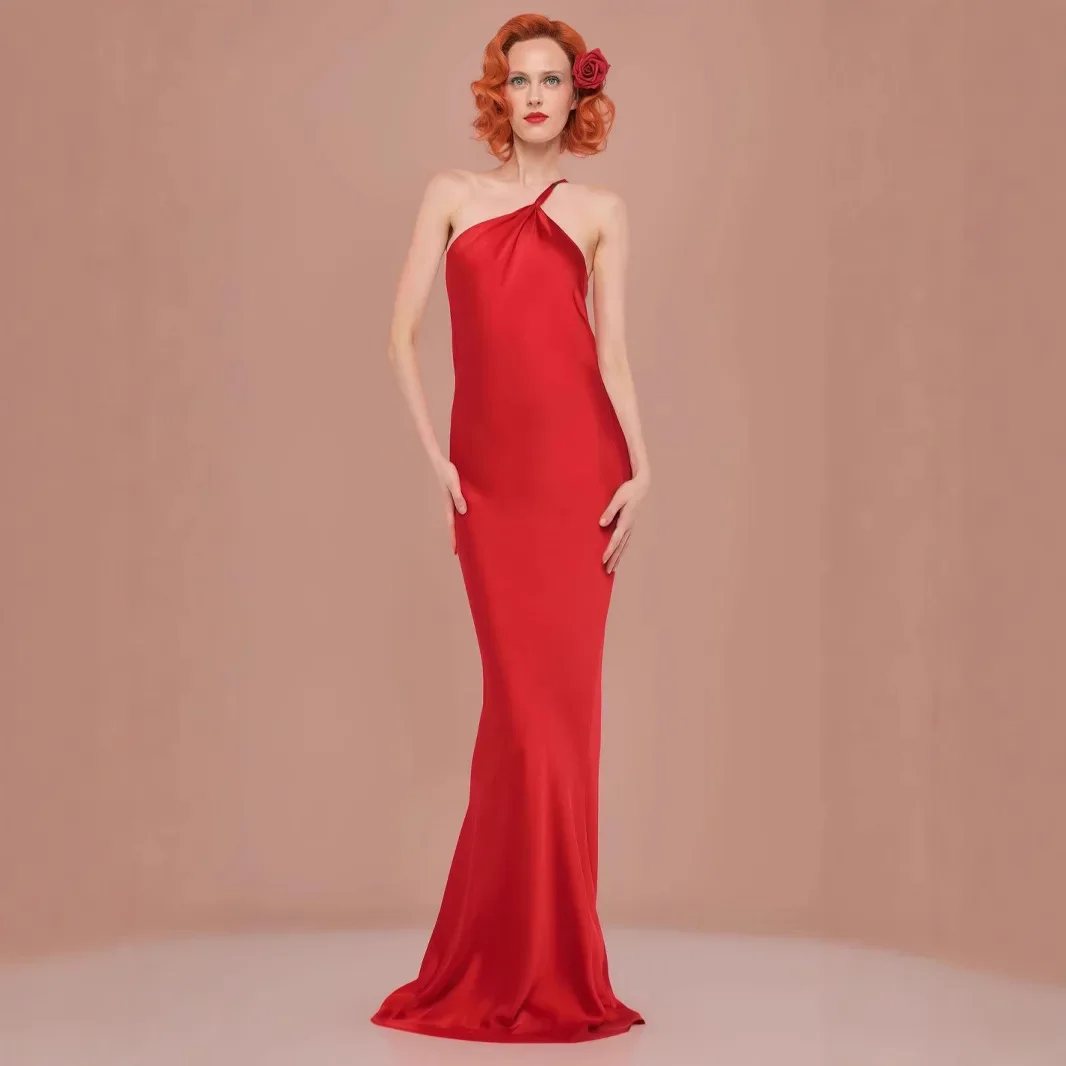 Robe longue en Satin rouge haut de gamme, avec bretelles Spaghetti, dos nu et Sexy, cintrée à la taille, moulante, nouvelle collection 2025