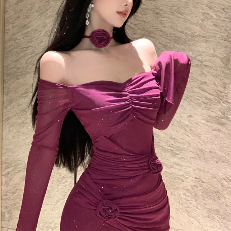 

Fashion Rose Purple Blingbling Mesh Dress Women's Off Shoulder 3D Flower Bodycon Long Dress with Sleeves Sexy Pleated Club Dress